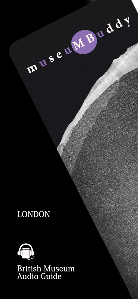 Pantalla introductoria de la aplicación Museum Buddy para el Museo Británico con la Piedra de Rosetta y un icono de audioguía.