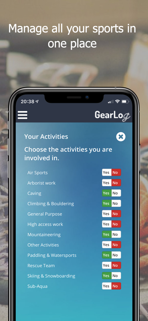 GearLog app interface for choosing sports and professional activities like climbing and mountaineering