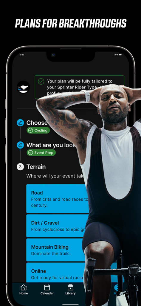 Wahoo SYSTM app interface showing personalized training plan setup and terrain selection for cyclists