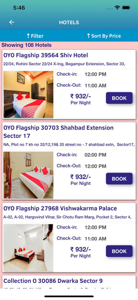 Interface of the IRCTC Tourism app showing a list of available budget hotels with booking options and prices.