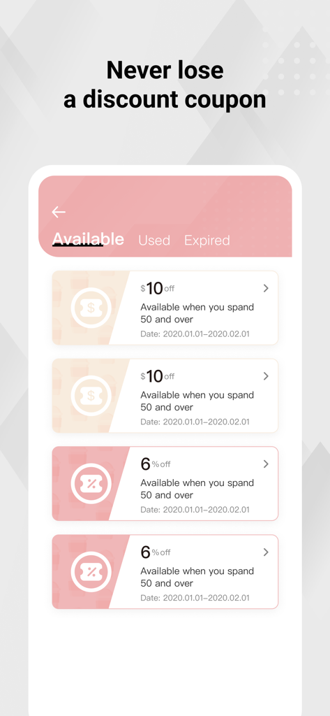 Molly Tea - Molly Tea app screen displaying a list of available discount coupons and loyalty rewards