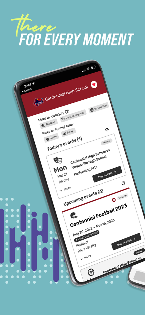 Smartphone mit der GoFan-App-Oberfläche für Sport- und Kunstveranstaltungstickets der Centennial High School.