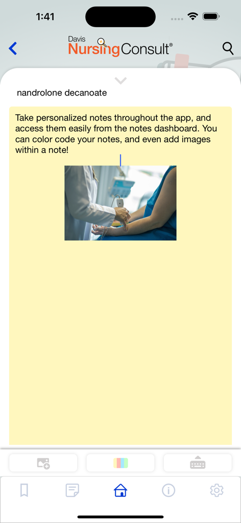 Función de toma de notas personalizadas de Davis Nursing Consult con adjunto de imagen.