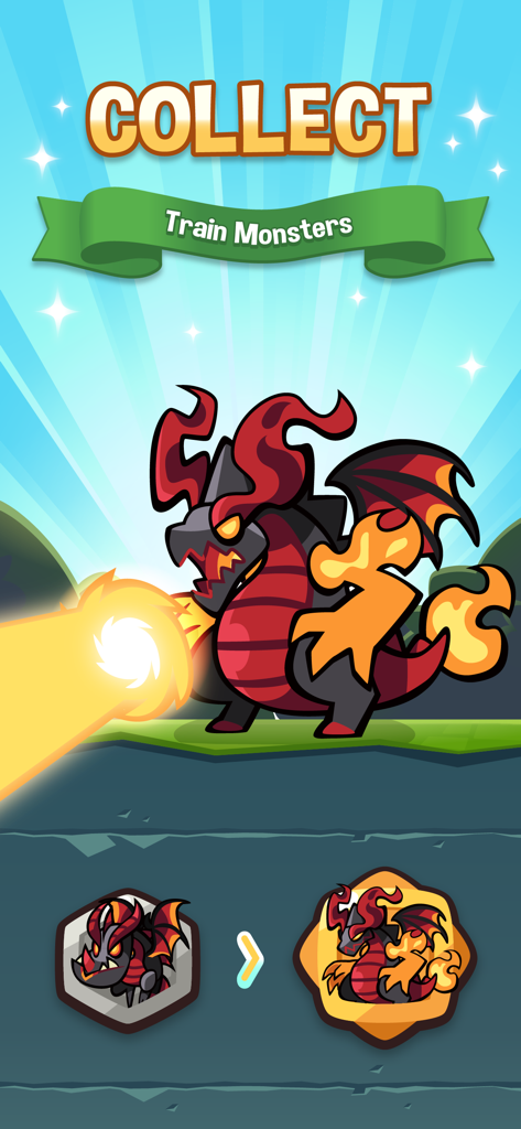 Summoner's Greed: Idle TD Hero - Un personaje de dragón de fuego en Summoners Greed con el texto Colecciona y Entrena Monstruos