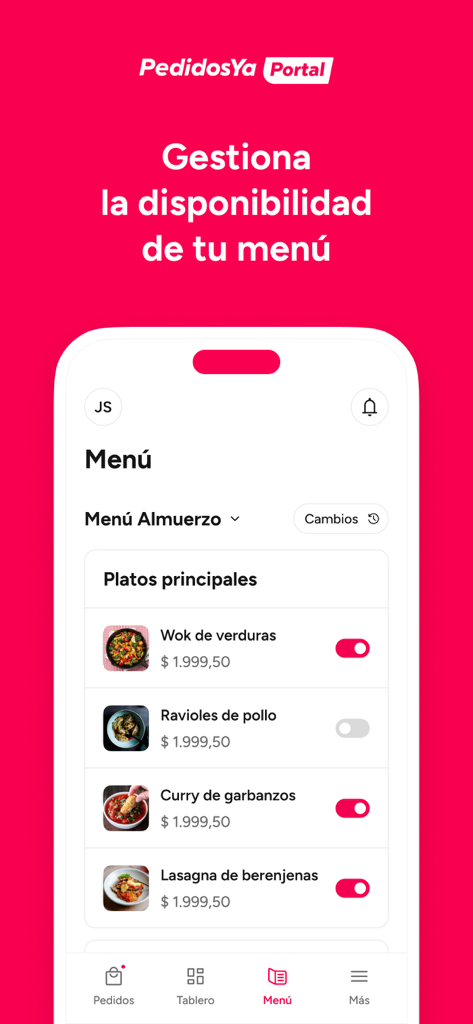 PedidosYa Portal - Interfaz de la aplicación PedidosYa Portal que muestra la gestión de elementos del menú con interruptores para la disponibilidad