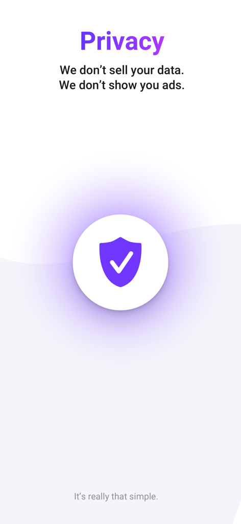 Homey app privacy screen stating that user data is not sold and no ads are shown