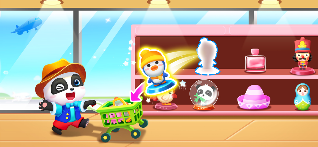 Baby Panda Kiki choosing toys and gifts in an airport souvenir shop