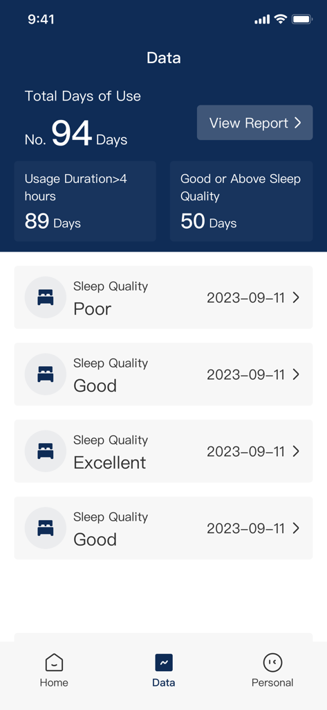 BreathCare plus app data dashboard showing sleep quality scores and CPAP usage duration logs