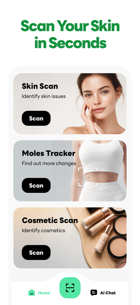 Skincare AI: Skin Care Scanner - Pantalla principal de la aplicación Skincare AI mostrando opciones para Escaneo de Piel, Rastreador de Lunares y Escaneo Cosmético.