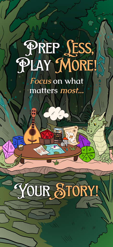 Pocket Bard - Fantasy illustration of a dragon at a gaming table with the text Prep Less Play More