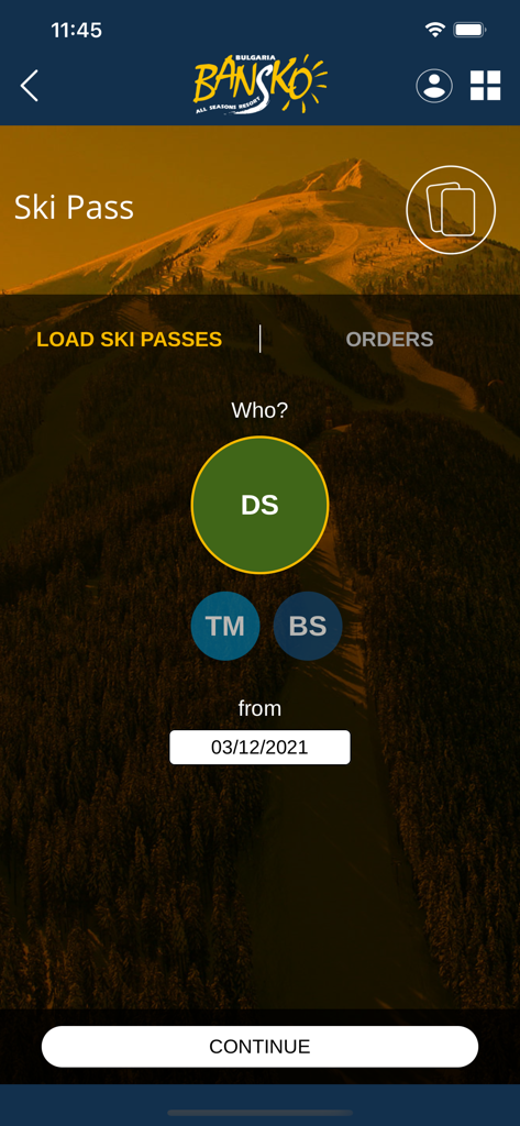 Interface of Bansko Ski app showing the load ski passes section with user selection and date picker