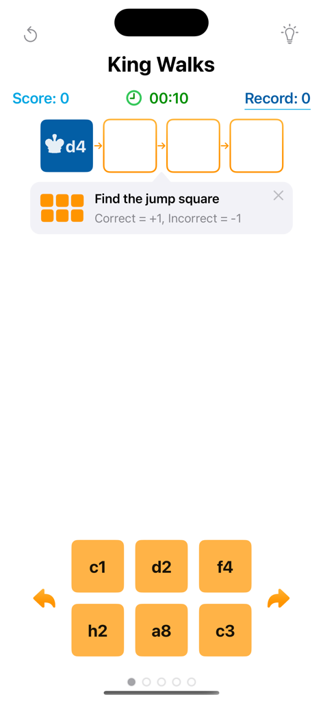 Chess Notation Lab Pro - A training screen in Chess Notation Lab Pro showing the King Walks exercise for practicing coordinate visualization