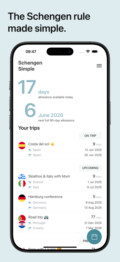 Schengen Simple app interface showing a list of European trips and the number of days remaining in the Schengen Area allowance.