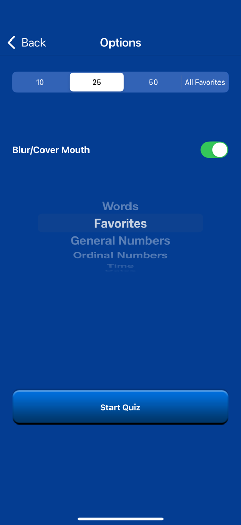ASL Dictionary Sign Language - Pantalla de opciones de quiz de ASL mostrando selección de categorías para favoritos y números con un botón para iniciar el quiz