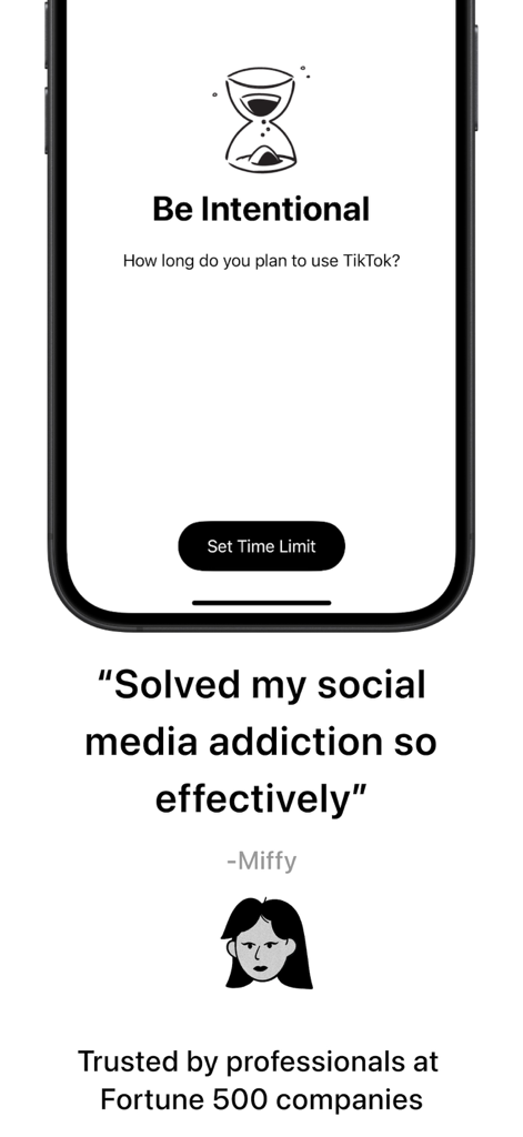 No Scroll app screen showing a prompt to set a time limit for TikTok alongside a user testimonial