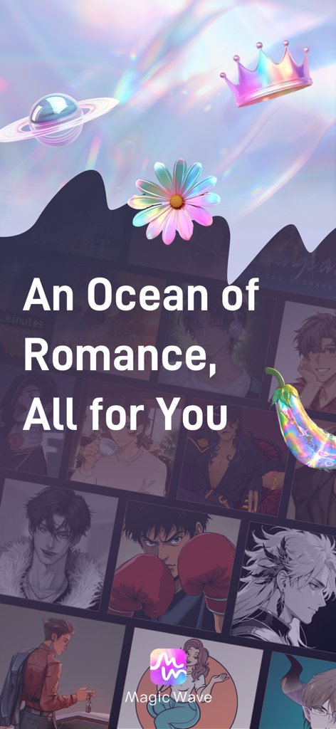 MagicWave: Spicy Audio Stories - MagicWave app screen showing a collection of romantic characters and the slogan An Ocean of Romance All for You
