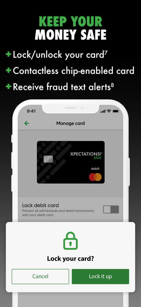 Xpectations Plus mobile app screen showing options to lock or unlock a debit card for enhanced security