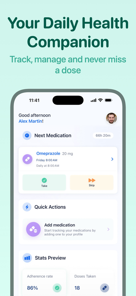 Pillio Pill Reminder & Tracker - The dashboard of the Pillio app displaying a medication reminder for Omeprazole and health adherence statistics.