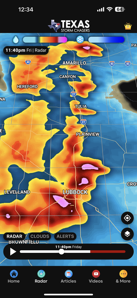 Texas Storm Chasers app interface showing an interactive weather radar map with storm cells over Amarillo and Lubbock