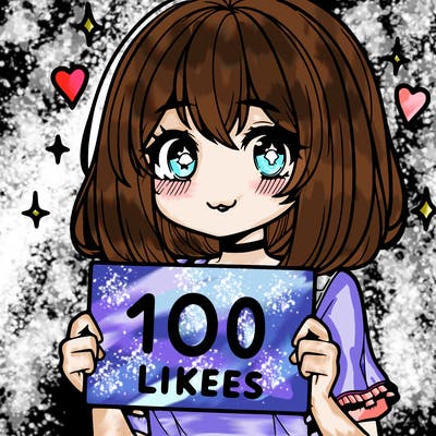 anima girl holding a 100 likes sign in her hand