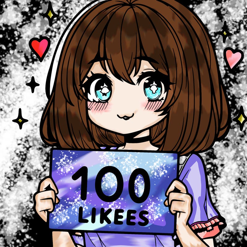 anima girl holding a 100 likes sign in her hand