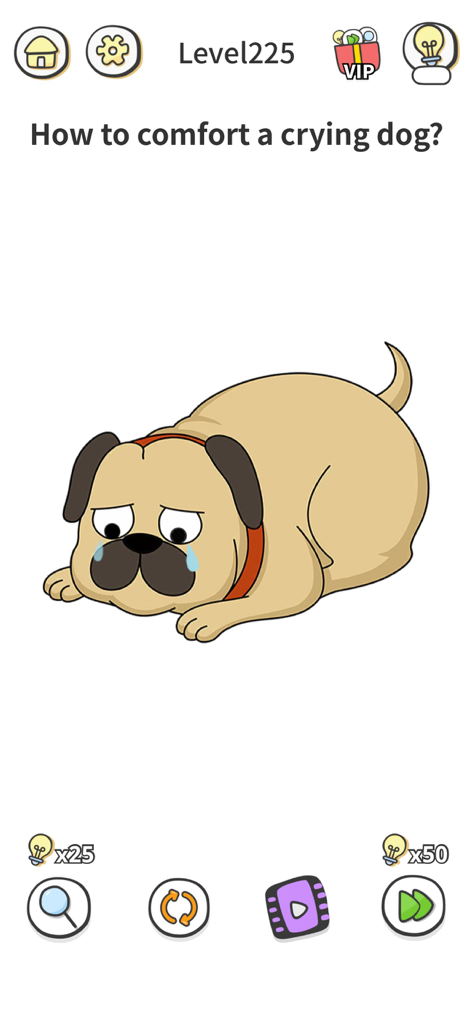 Brain Out 2のレベル225のスクリーンショット、かわいい落書きアートスタイルで、泣いているパグを慰める方法を尋ねている