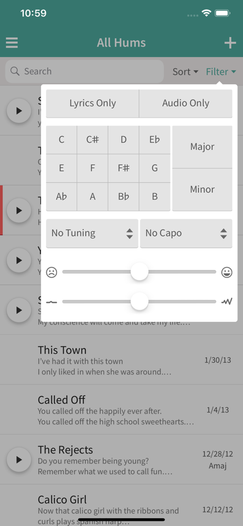 음표, 분위기 및 튜닝별로 노래 아이디어를 정렬하기 위한 Hum 앱의 고급 필터링 옵션