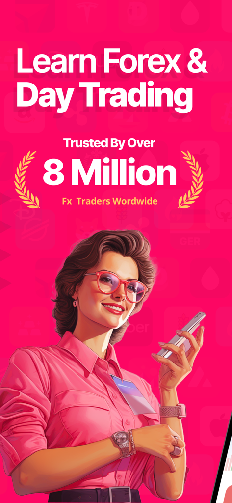 Pantalla promocional de la app GoForex con una trader y prueba social de 8 millones de usuarios.