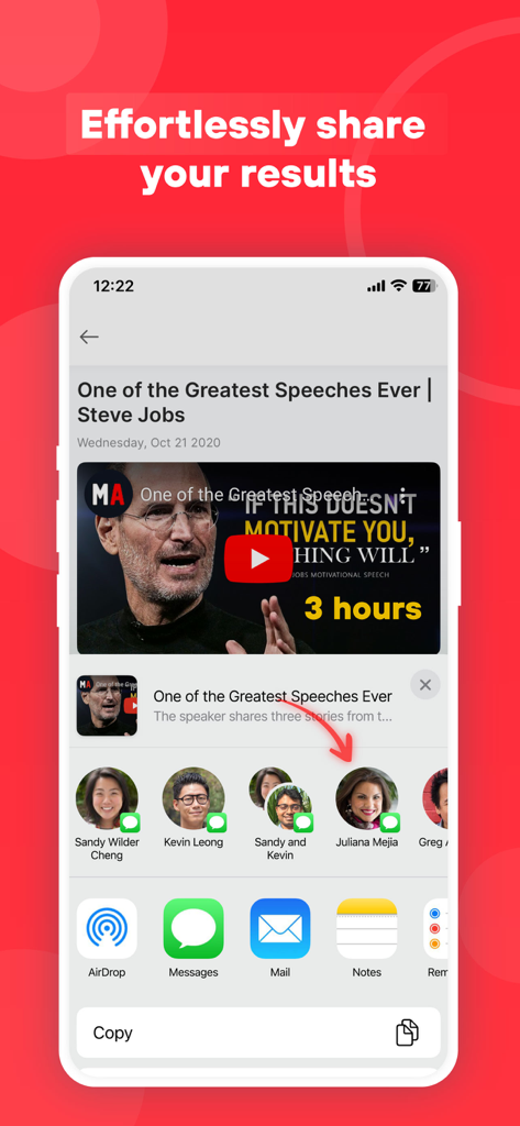 AI Video Summarizer Tool - Interfaz de la aplicación Summario que muestra la hoja para compartir de iOS para enviar un resumen de video a contactos y aplicaciones de productividad