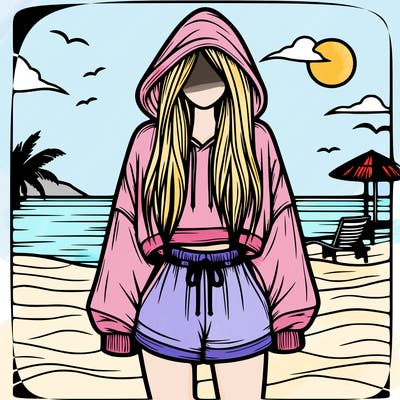 relistic girl in a oversized hoodie with long hair and shorts at the beach