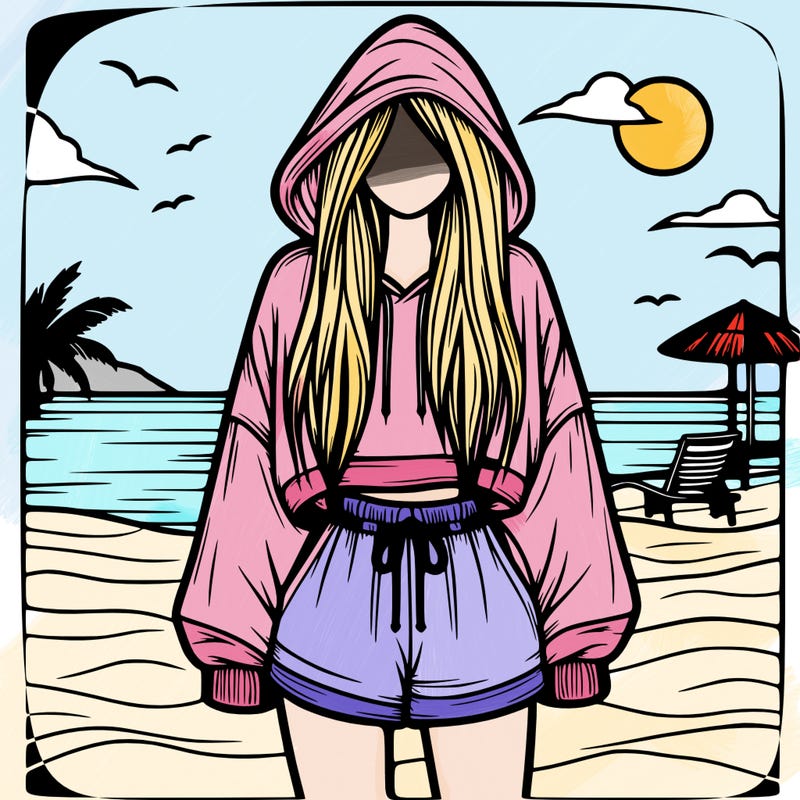 relistic girl in a oversized hoodie with long hair and shorts at the beach
