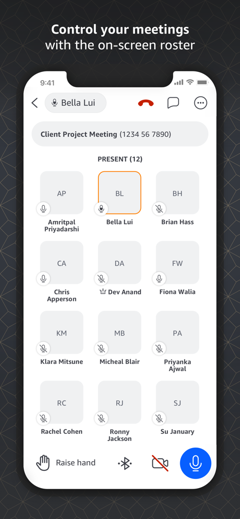 Écran de l'application mobile Amazon Chime affichant une liste visuelle des participants avec leurs noms et des icônes de statut
