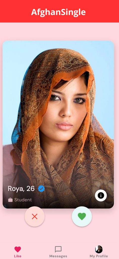 AfghanLove mobile app interface displaying a user profile with like and dislike buttons