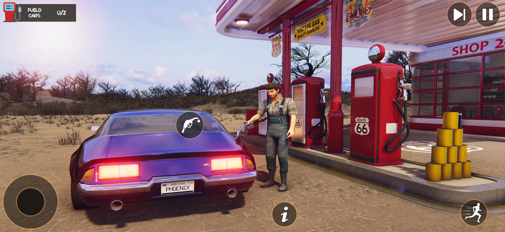 A mechanic refueling a purple muscle car at a vintage gas station