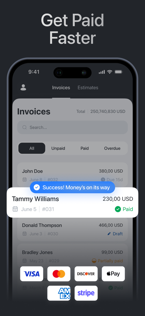 A mobile invoice list on an iPhone showing paid status and integrated payment methods like Apple Pay and Stripe.