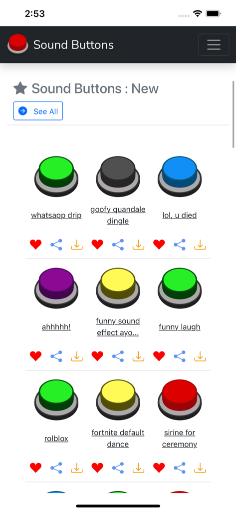 A grid of colorful interactive buttons featuring popular meme and gaming sound effects in the Sound Button World app.