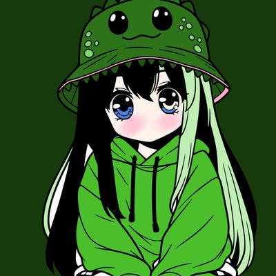 girl with anime shaped eyes with a dinosaur bucket hat oversized sweatshirt long straight hair