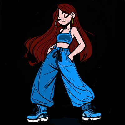 girl in baggy pants crop top and long hair