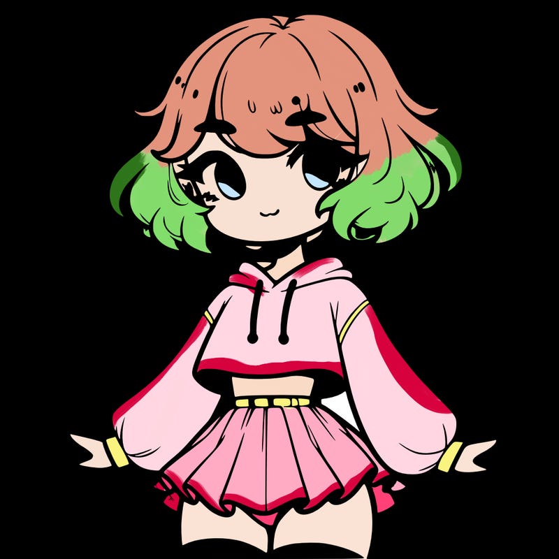 cute femboy with short, fluffy hair that softly frames their face, wearing a cropped hoodie, paired with a flouncy short skirt, and thigh-high stockings