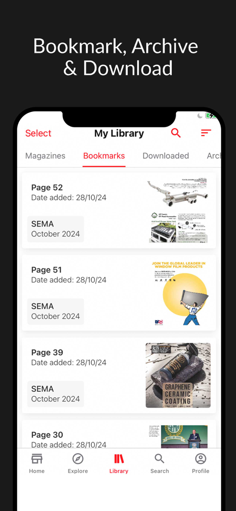 SEMA Magazine - SEMA Magazine app library screen showing bookmarked articles and technical pages.
