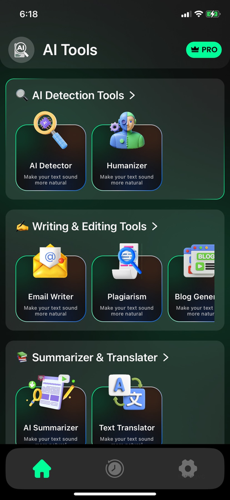 AI Detector :Humanizer AI Tool - Mobile app dashboard showing AI detection humanizer email writer and translation tools