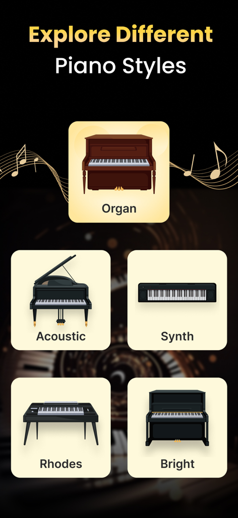 Piano Keyboard: Learn Piano - オルガン、アコースティック、シンセなどのさまざまなピアノ楽器スタイルを表示するアプリインターフェース