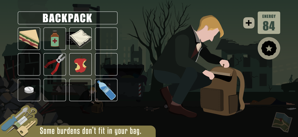 Quakeline - Character managing survival items in a backpack inventory screen during a post-earthquake scenario.