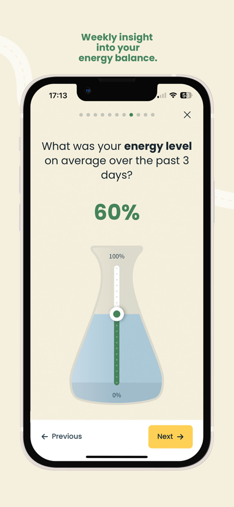 Untire Now - Ein Screenshot der Untire Now App zeigt einen Benutzer, der sein durchschnittliches Energieniveau mit sechzig Prozent über einen Flaschengrafikschieberegler verfolgt.