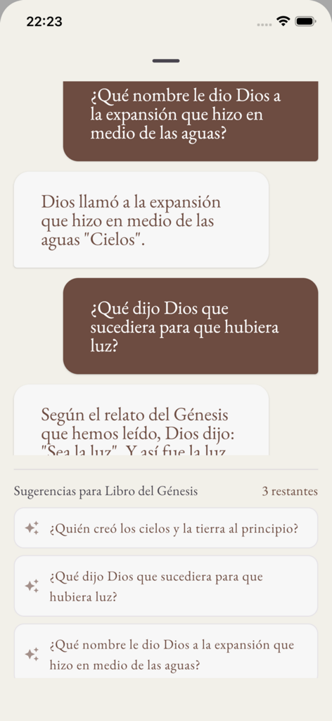 Assistente de chat de IA no aplicativo Bibl-IA respondendo a perguntas sobre Gênesis em espanhol