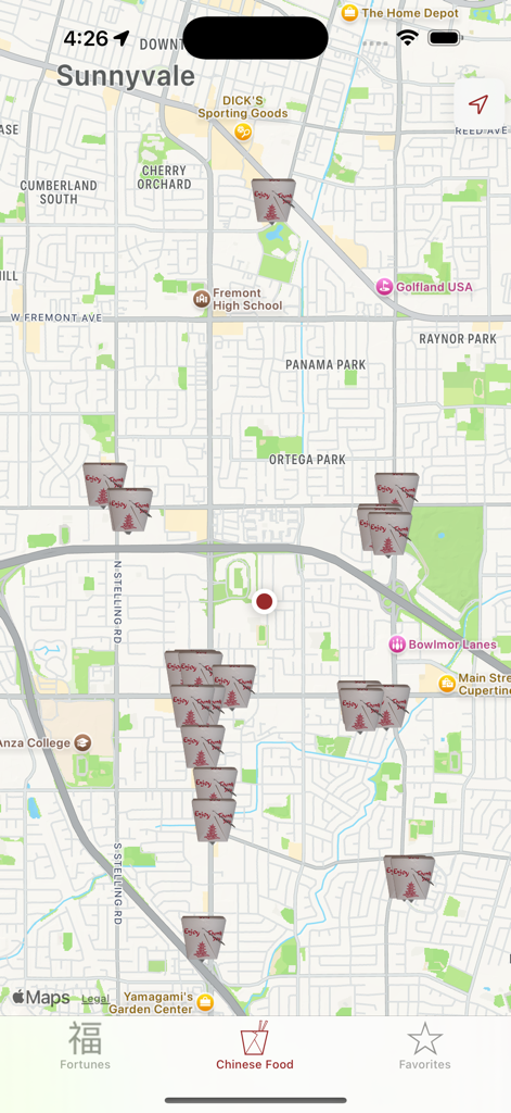 Virtual Fortune Cookie - Una interfaz de mapa dentro de la aplicación Virtual Fortune Cookie que muestra ubicaciones de restaurantes chinos locales marcadas con iconos de cajas para llevar.