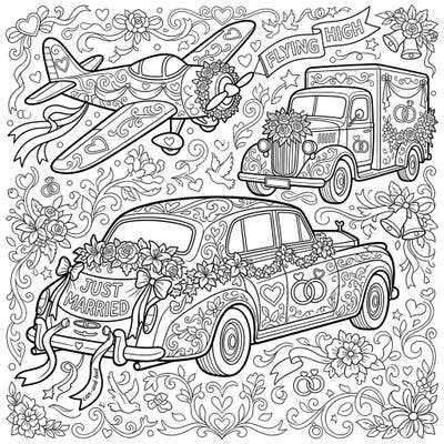 Get ready for a unique coloring adventure with this detailed wedding vehicles template designed especially for teens. Adorned with romantic floral arrangements and wedding motifs, this page offers a creative way to celebrate love on wheels and wings.