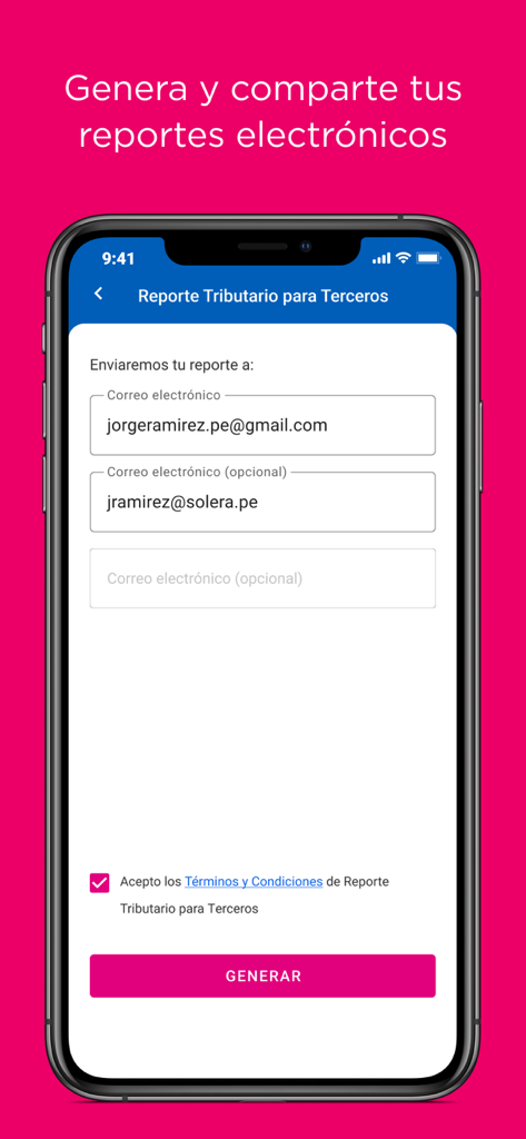 Emprender SUNAT - Pantalla que muestra la generación de informes fiscales para terceros por correo electrónico en la aplicación Emprender SUNAT