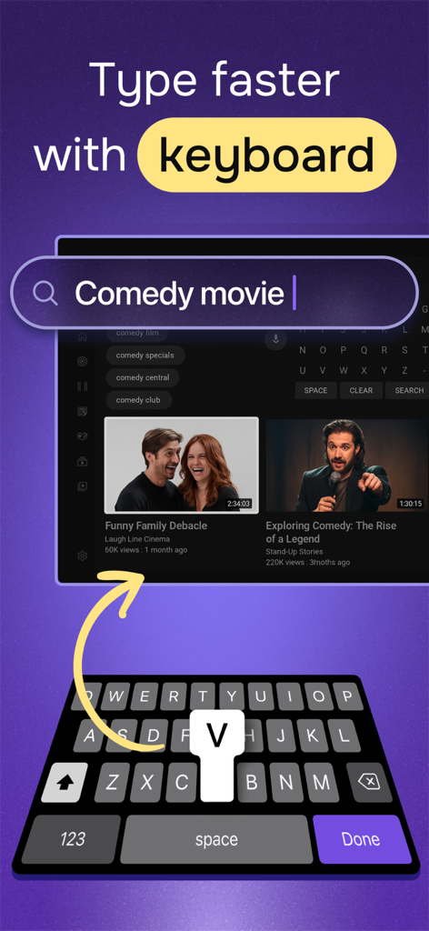 Flicky app interface showing the built-in keyboard feature for typing on a Smart TV screen