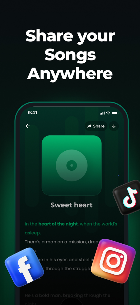 SongInsta app interface showing how to share AI generated songs on TikTok Instagram and Facebook